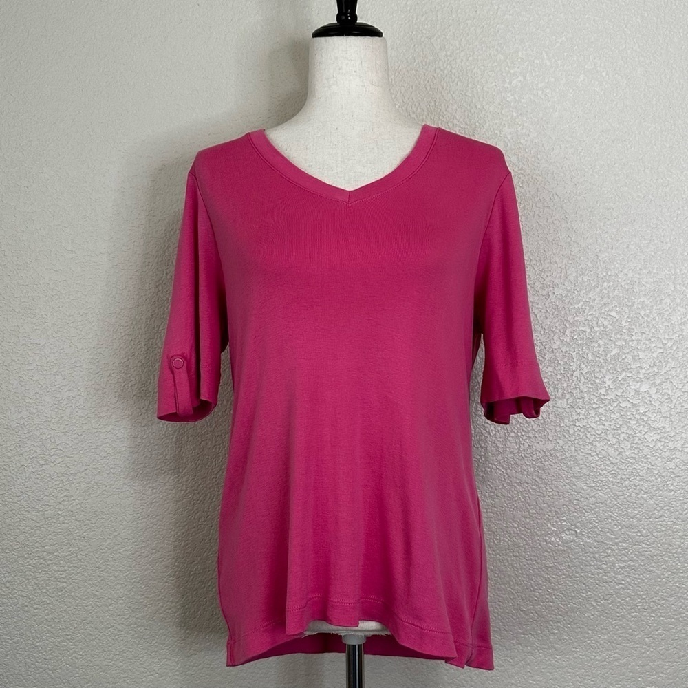 Chico's 100% Pima Cotton Pink V-neck Short Sleeves Top, Sz Medium
